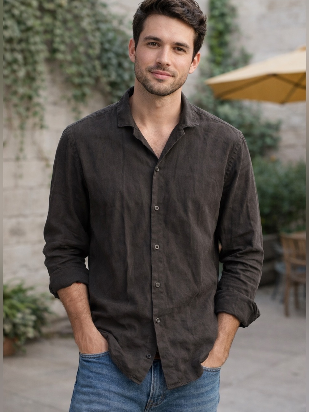 H&M Men's Casual Button Down Shirt - Dark Brown